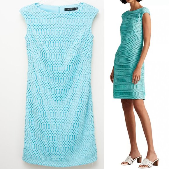 Ralph Lauren Dress Lattice Lace Boat Neck Cap Sleeve Cocktail Midi Blue Size 0 - Picture 1 of 5
